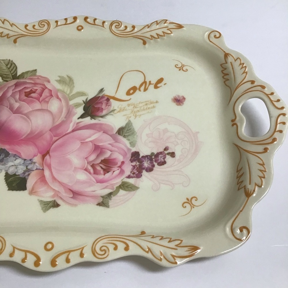 LAST 1! Floral Serving Tray Melamine Handles Cream Pink Peonies Tea Vanity NEW - Picture 14 of 14